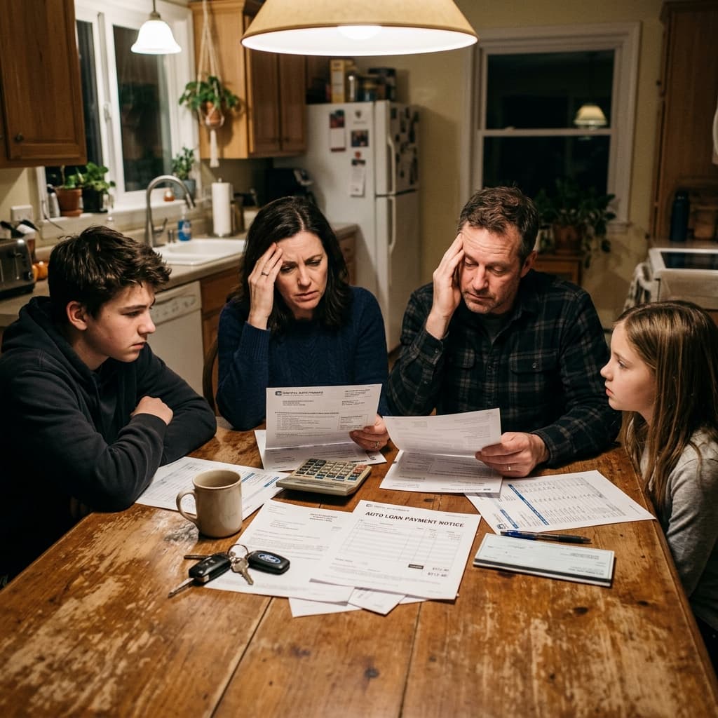 American family reviewing car payment bills at kitchen table