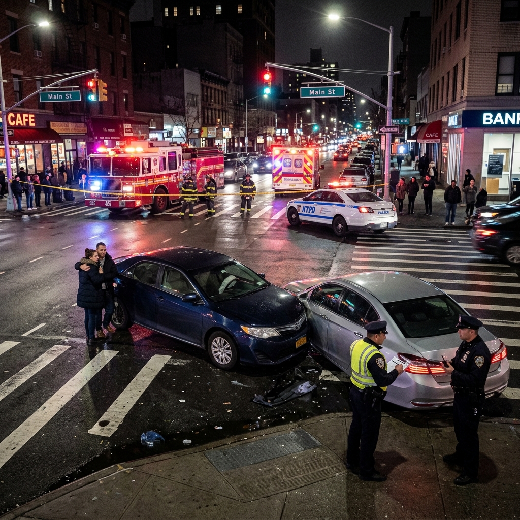 Crossroad accident scene with police investigating at night